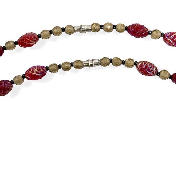 Beaded Necklaces Pair Molded Plastic Translucent Red Shimmer AB Shades Gold Tone - Picture 8 of 11